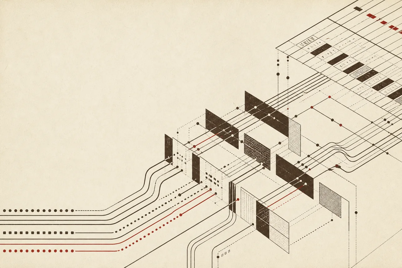Composition éditoriale abstraite représentant des flux traversant les couches d’une plateforme data.